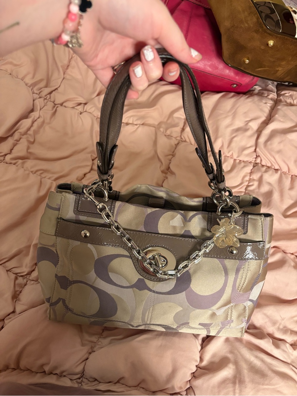 Coach Penelope Optic Signature Shoulder Satchel Bag in Taupe and Purple